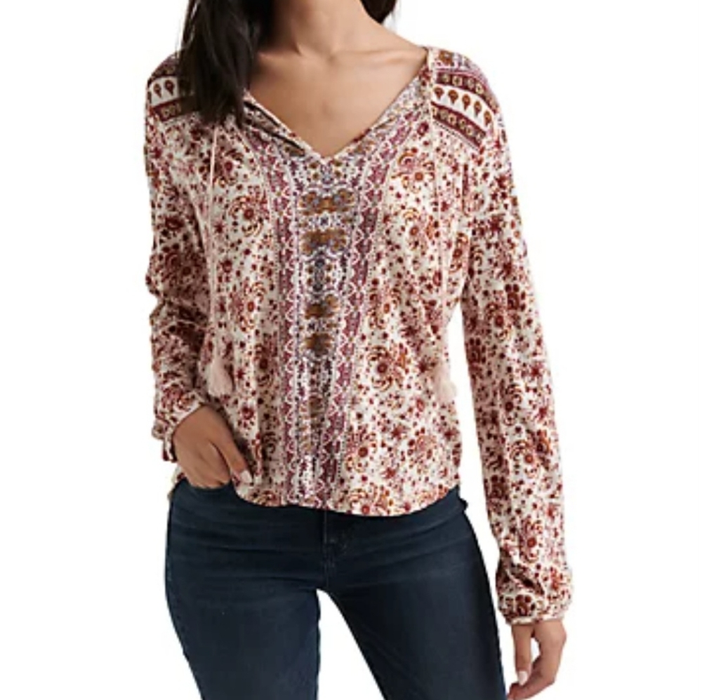 Lucky Brand Printed Tassel Tie Beaded Shoulder Top New With Tags